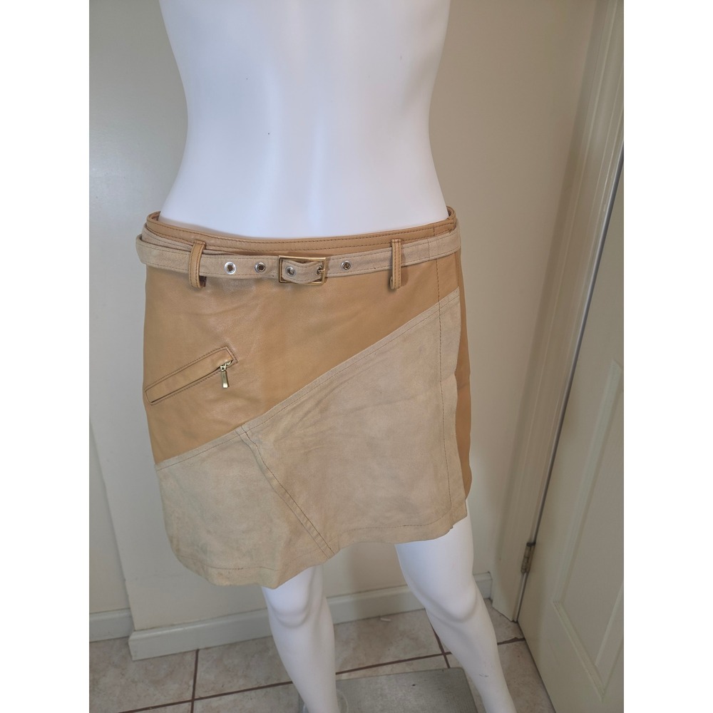 Elements‎ by Vakko Tan Leather Suede Patchwork Mini Skirt Belted Size 10 Womens